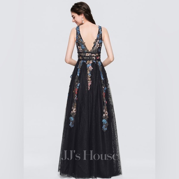 Jj’s House a-line V-neck floor length tulle prom dress with lace beading sequins - Picture 2 of 16